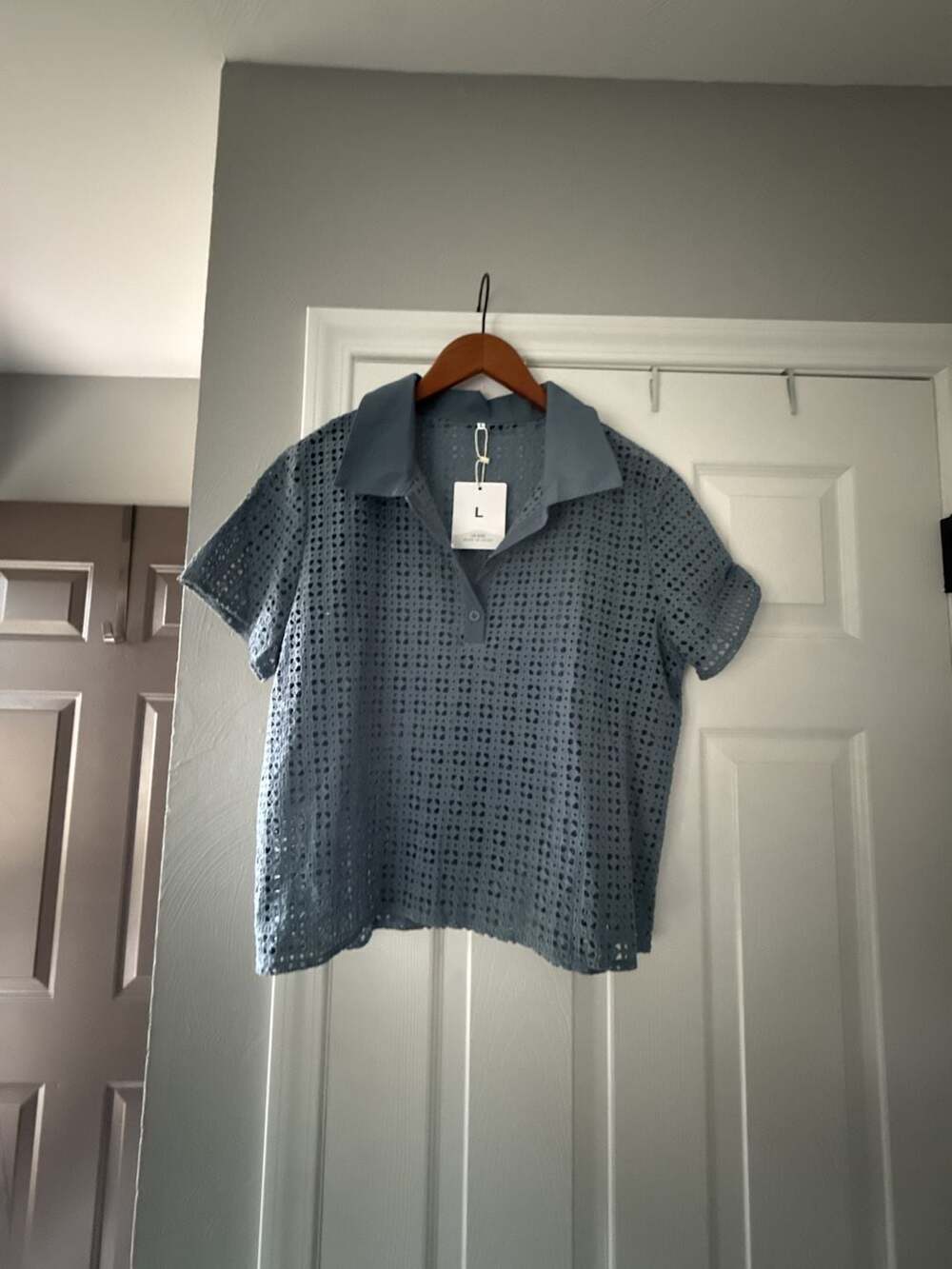 Fashion Clothing Blue Eyelet Short Sleeve Polo Top